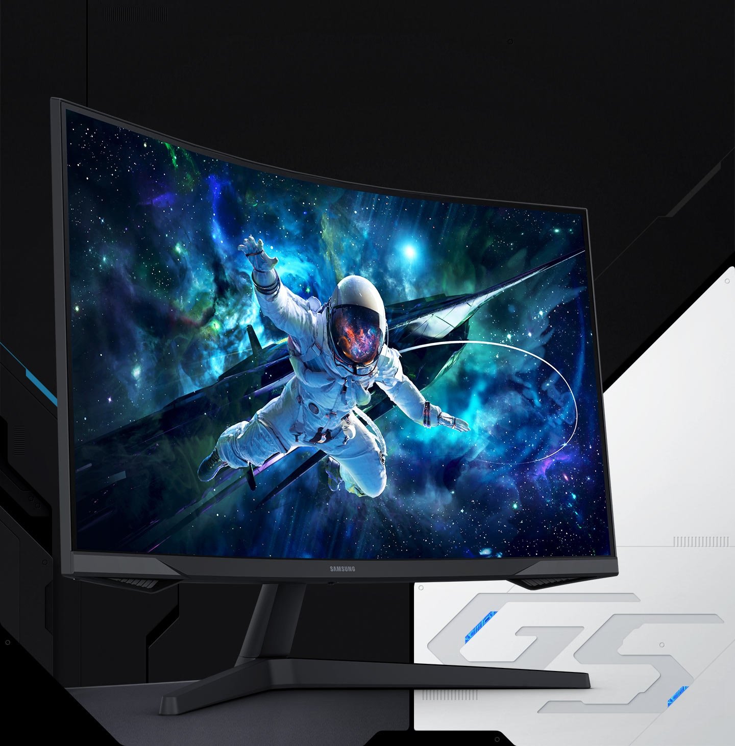 The monitor is shown in a side profile with a black frame and stand, displaying a vibrant space-themed wallpaper on the screen.