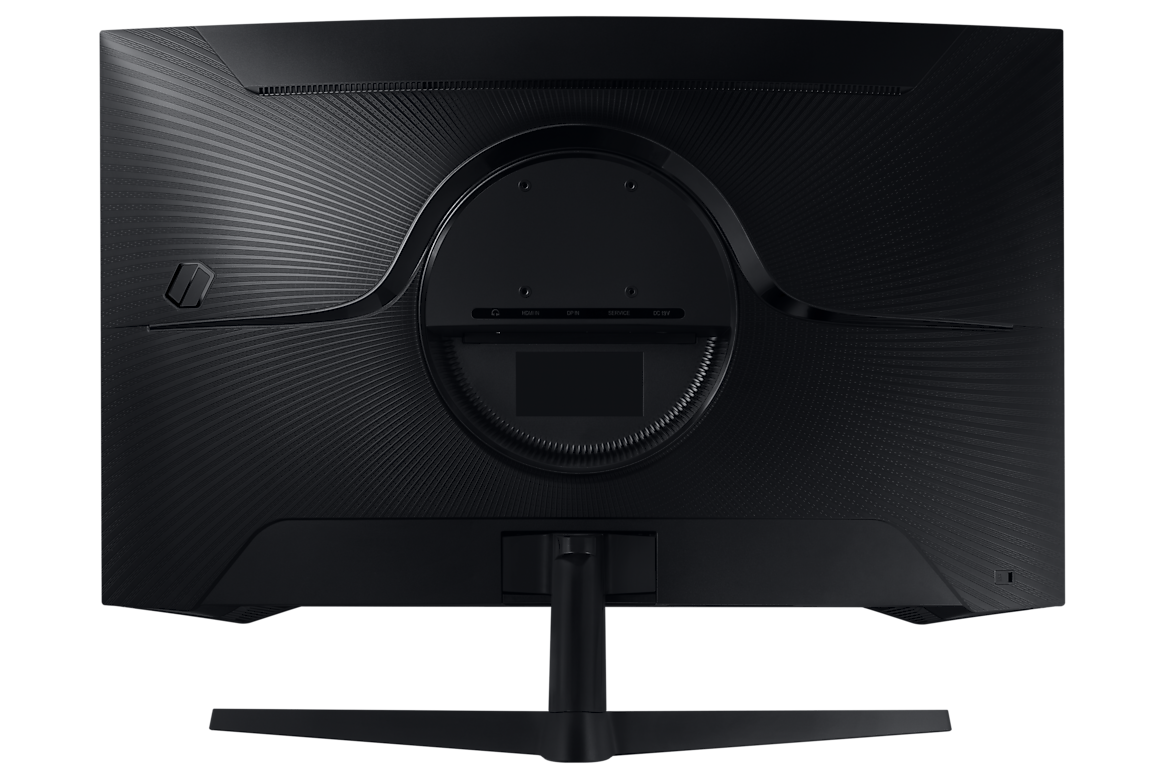 The rear view of a Samsung Odyssey (G55C) Series QHD 1000R Curved Gaming Monitor, showcasing its ports and stand.