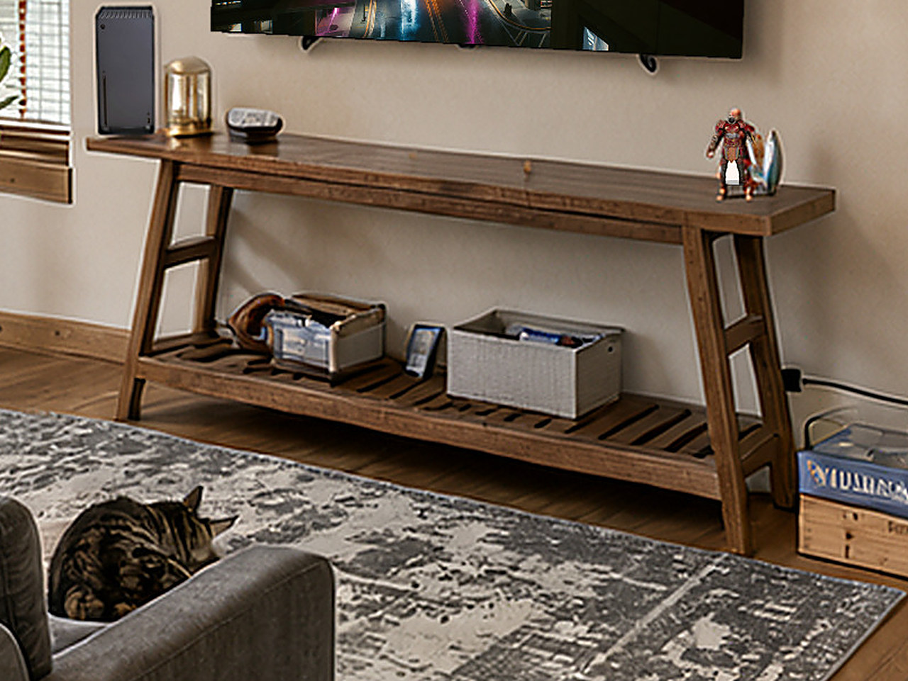 A close-up of the dark wood console table showing its angled legs and slatted shelf.
