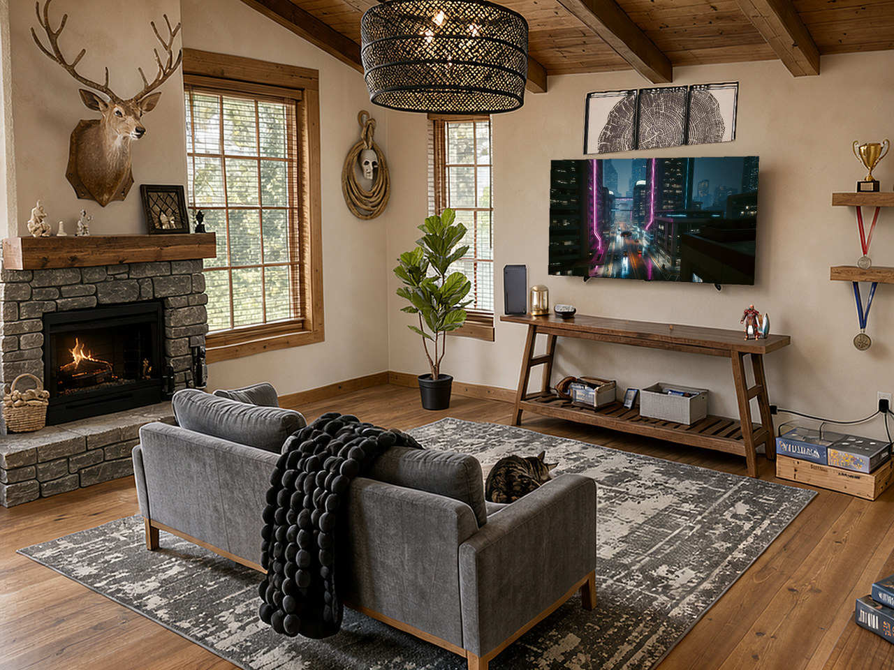 A close-up of the textured grey and white distressed area rug on the floor.