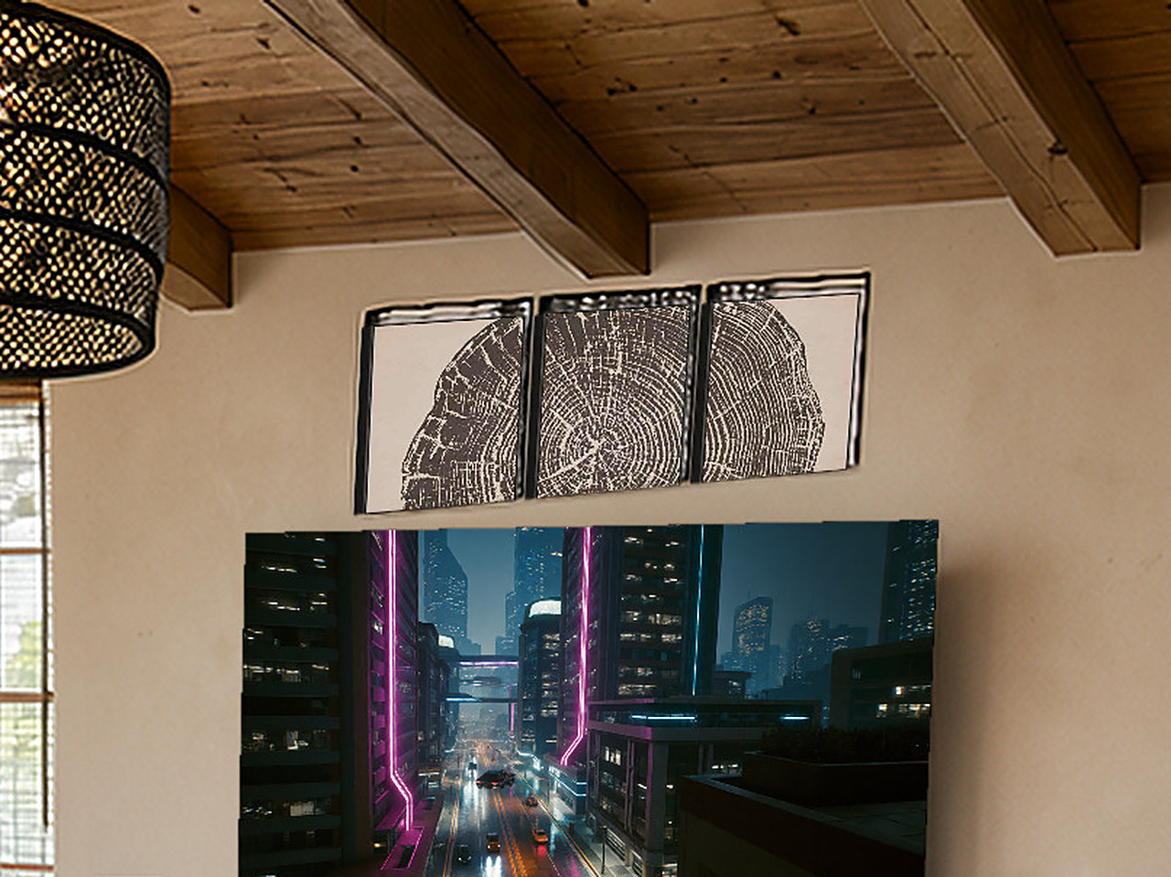 A close-up of the three-panel framed wall art showing the wood ring design.