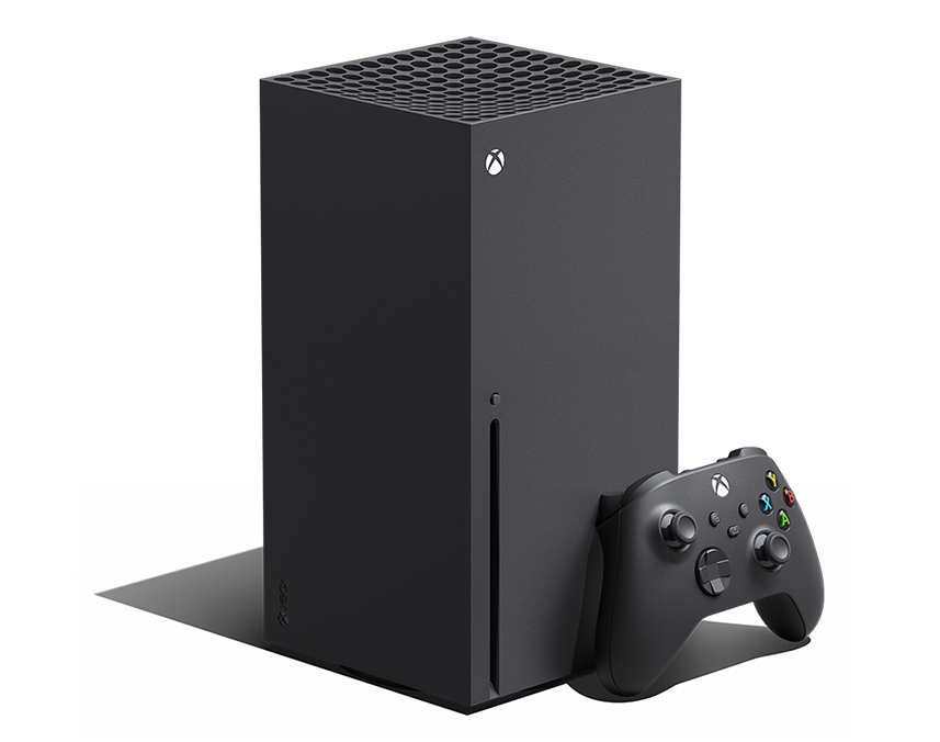 A black Xbox Series X gaming console with a controller attached, photographed from the front.