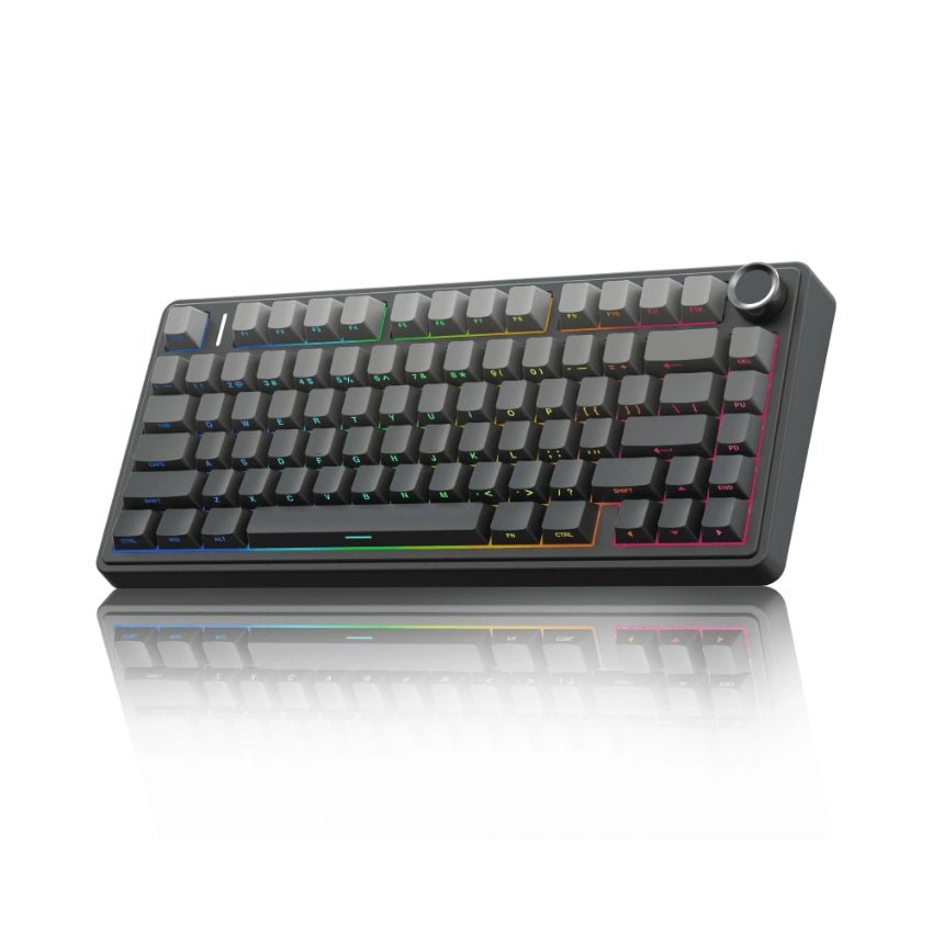 A black mechanical keyboard with rainbow-colored backlighting, viewed from a side angle.