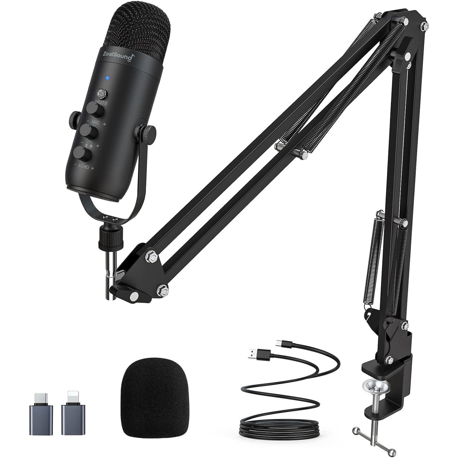 The image shows a black ZealSound Podcast Microphone for PC with its stand, cable, and foam cover.