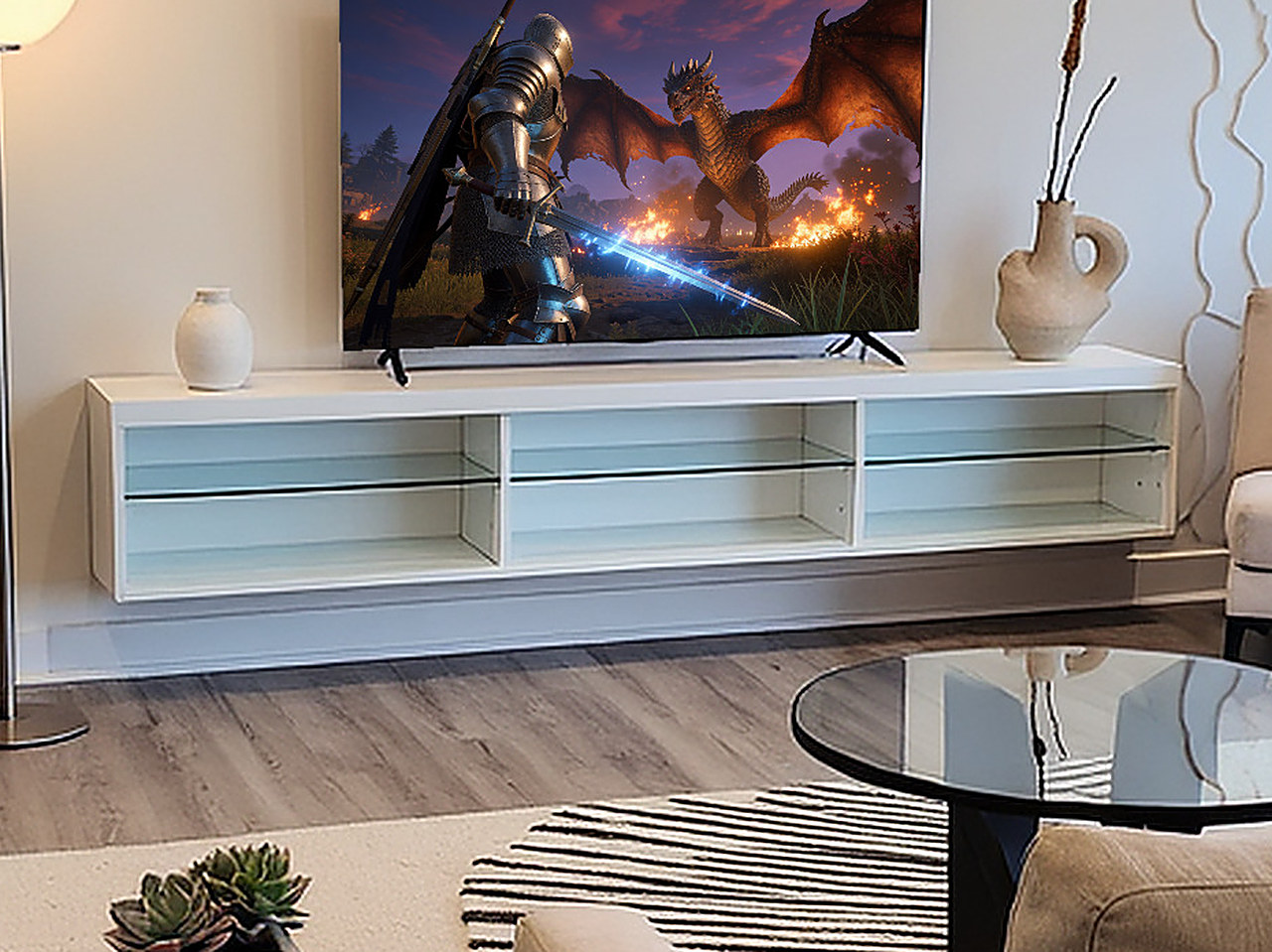 Close-up of the white wall-mounted media console with glass shelves and LED lighting strip.
