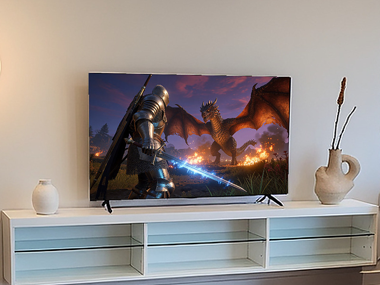 Close-up of the slim black bezel 55-inch television displaying vibrant gameplay imagery.