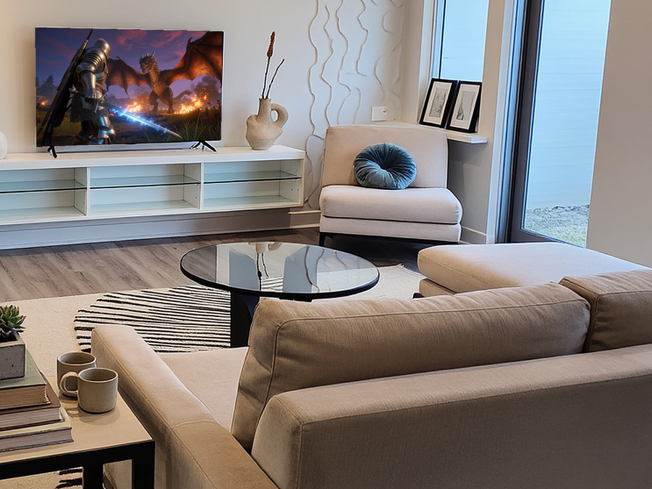 Close-up of the low-profile beige corduroy sofa with deep memory foam cushions.
