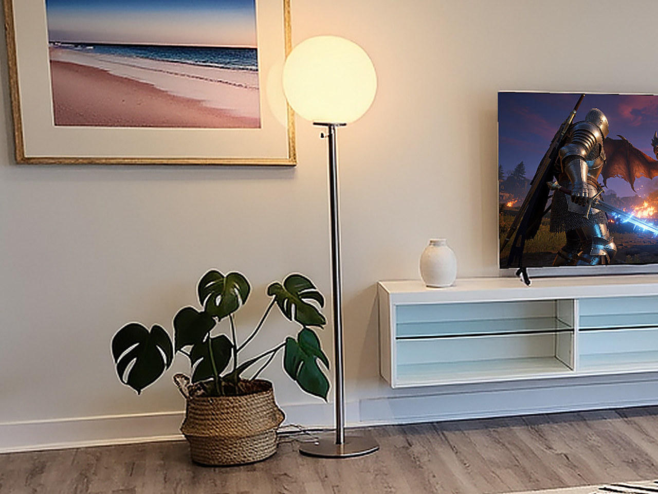 Close-up of the tall floor lamp with a glowing white spherical glass shade.