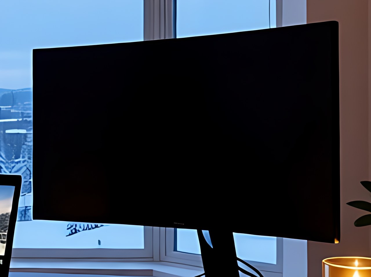 Close up of a black curved monitor with a slim frame and active screen on a desk.