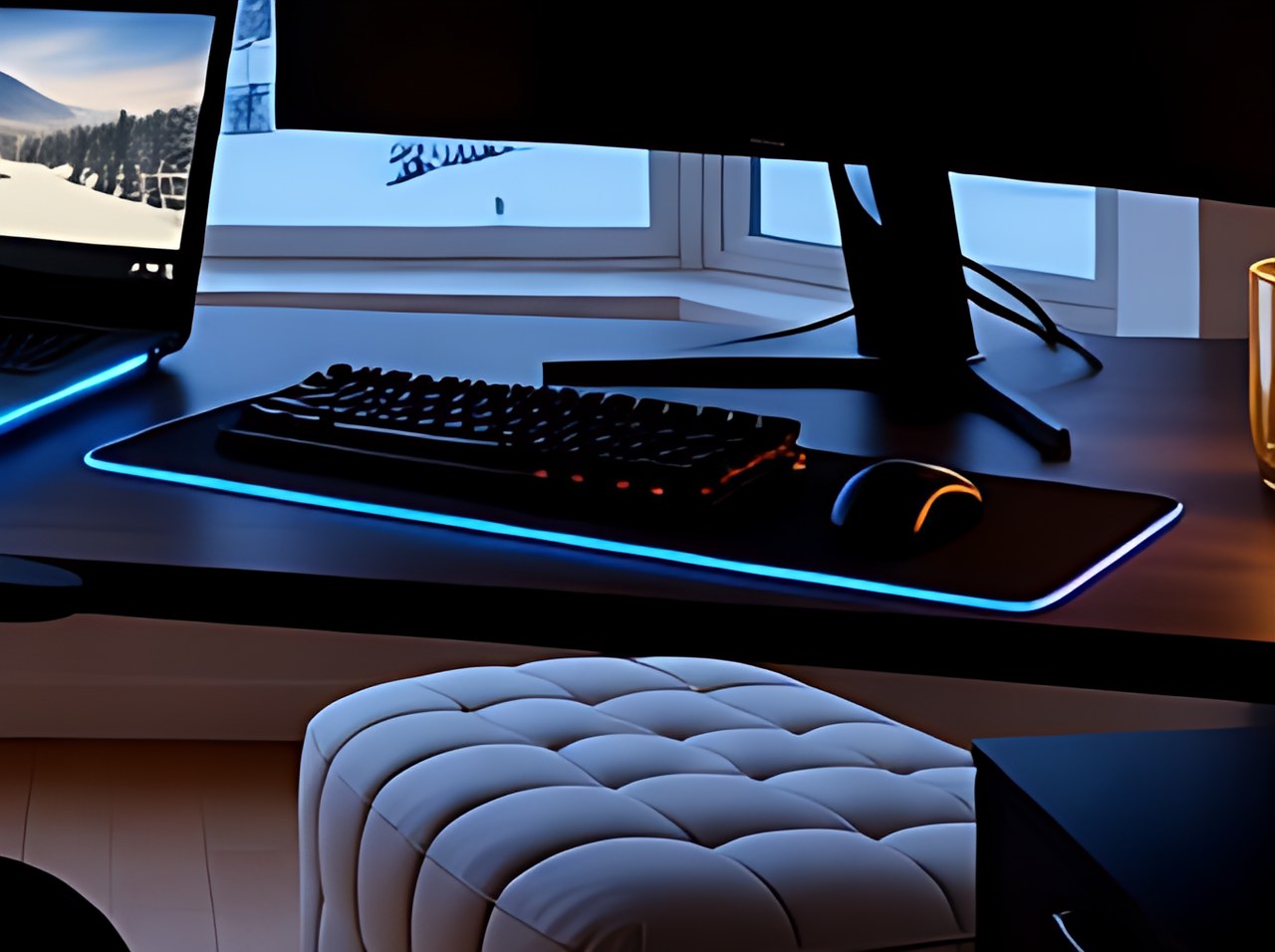 Close up of a black mechanical keyboard with RGB backlighting on a desk.