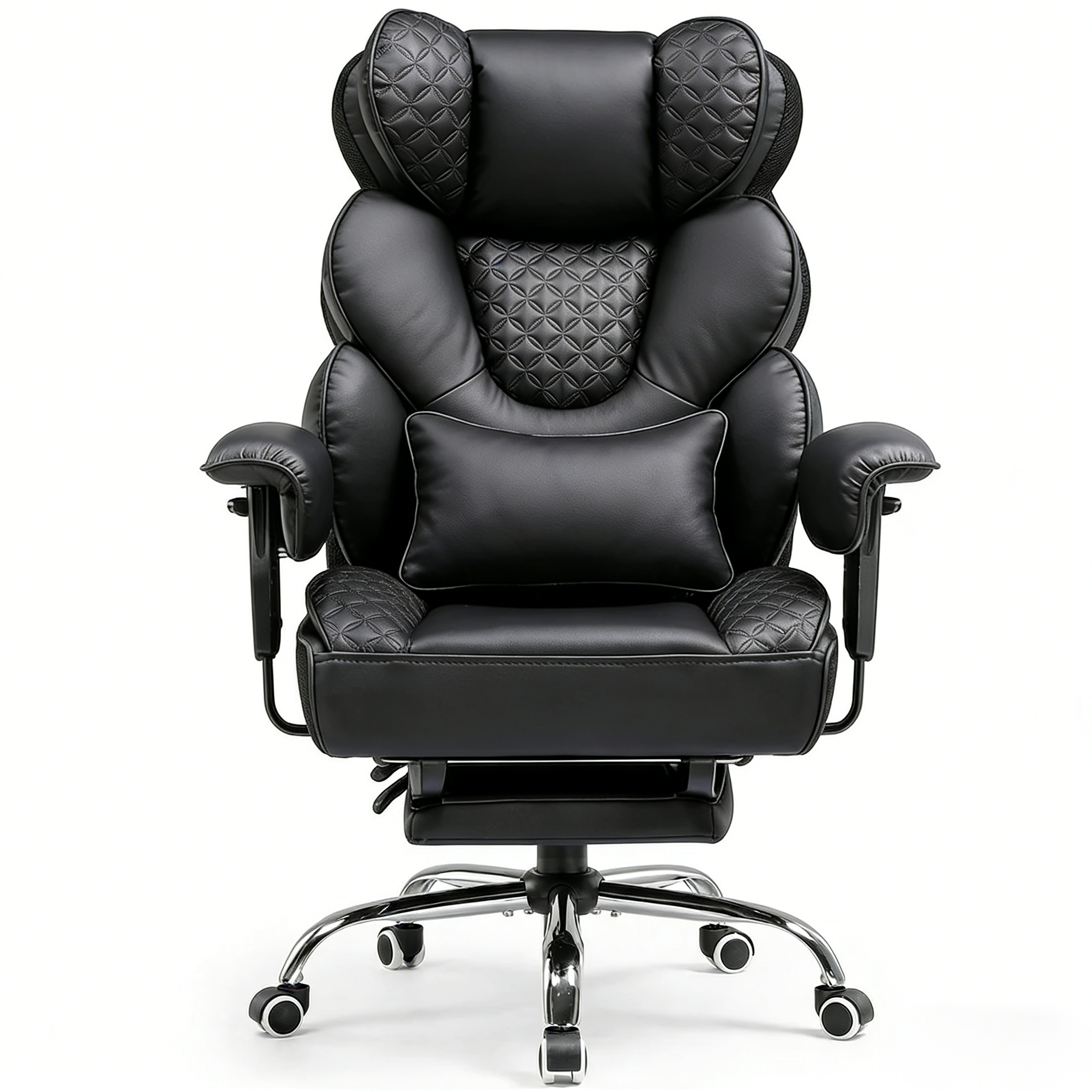 A black office chair with quilted upholstery and armrests, viewed from a three-quarter angle.