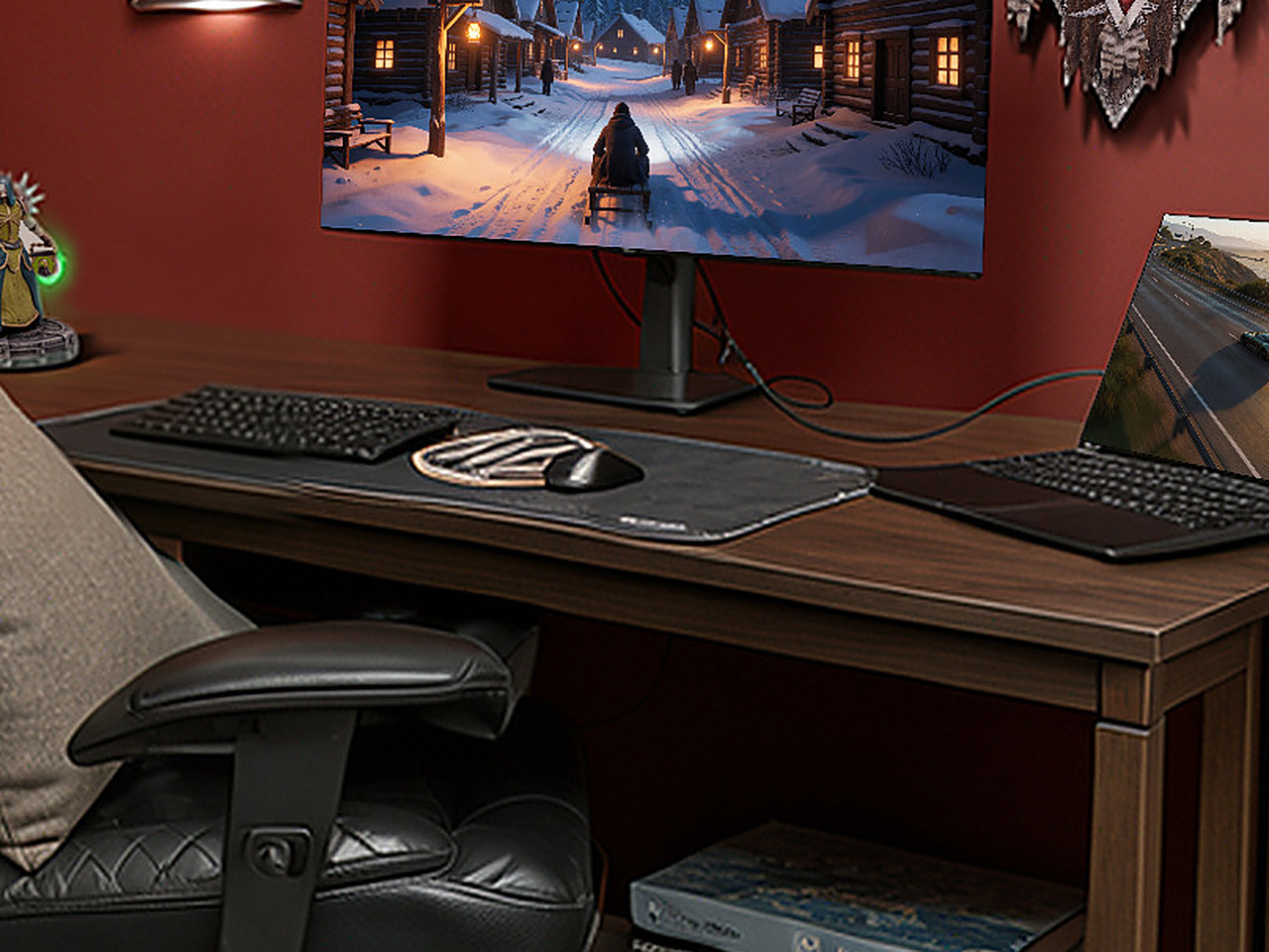 A close-up of the black desk mat with a silver and gold circular emblem.