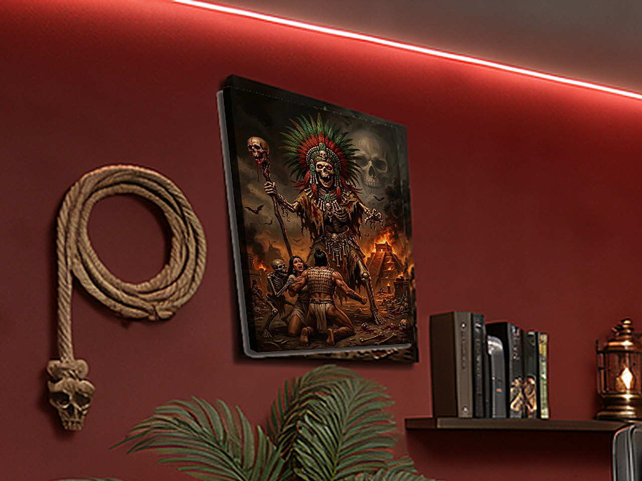 A close-up of the 28x40 inch framed canvas showing a skeleton warrior with red eyes.