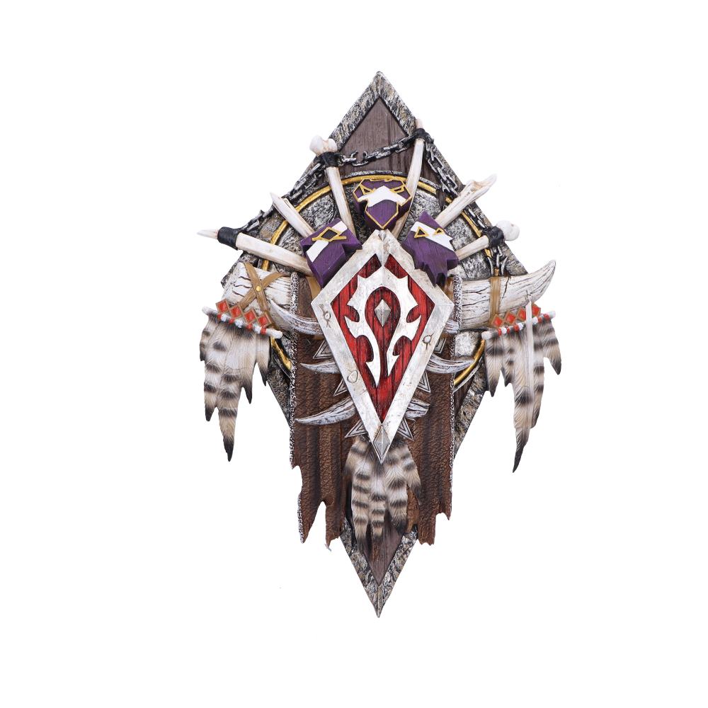 The image shows a World of Warcraft Horde wall sign in red, featuring a shield emblem with crossed swords and feathers.