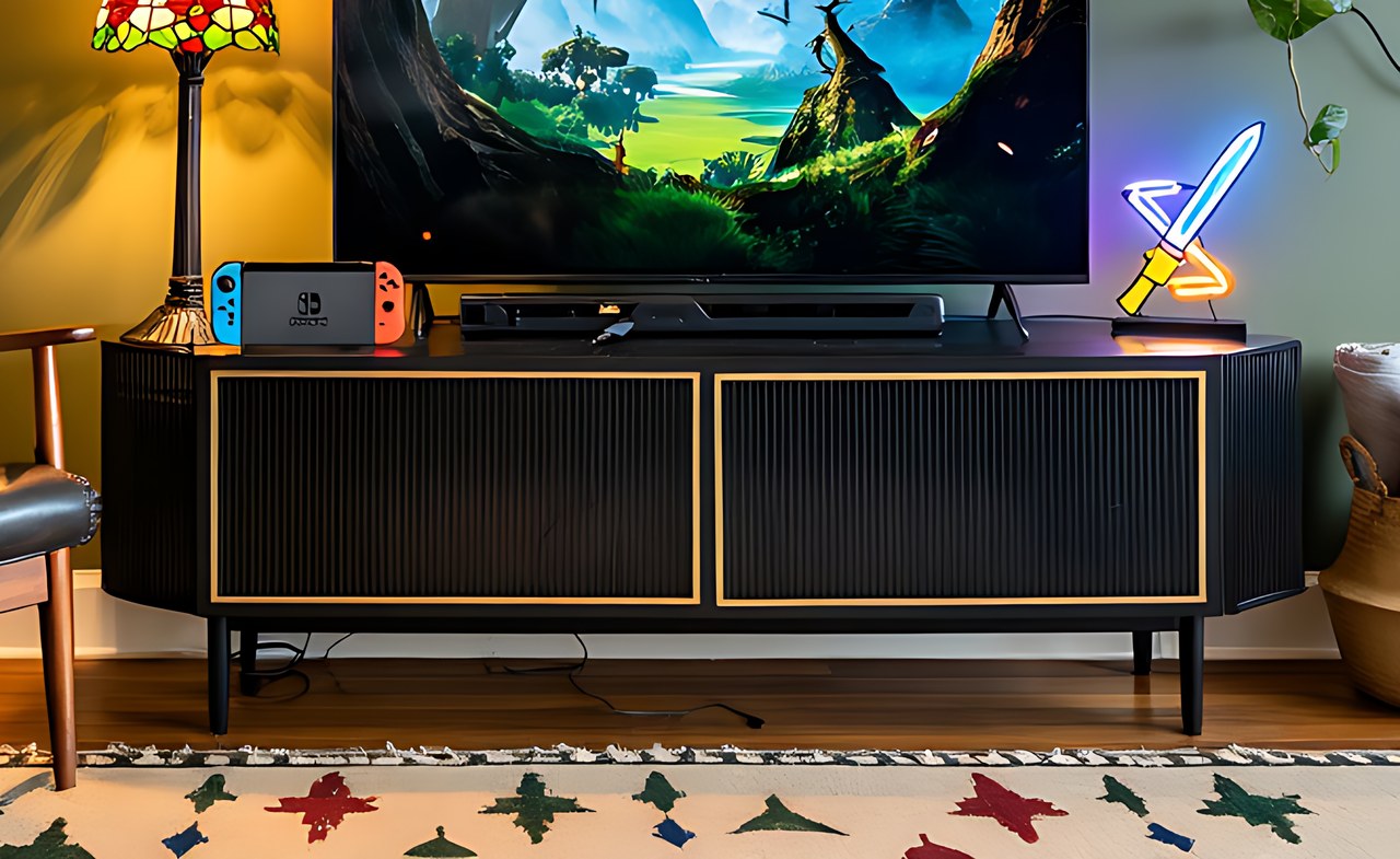 Bedeep 94.5" Mid Century Modern TV Stand with LED Lights for TVs up to 98" in the zelda style room scene