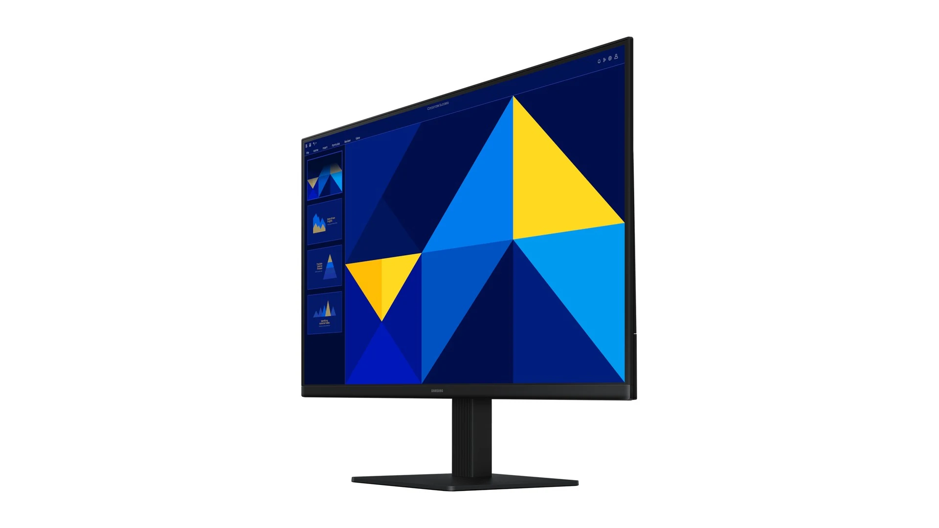 A side profile of a Samsung monitor with a black stand and screen displaying colorful geometric shapes.