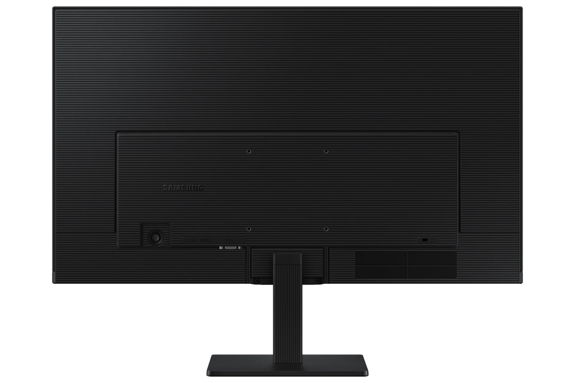 The Samsung monitor is photographed from behind, showing the back panel and stand.