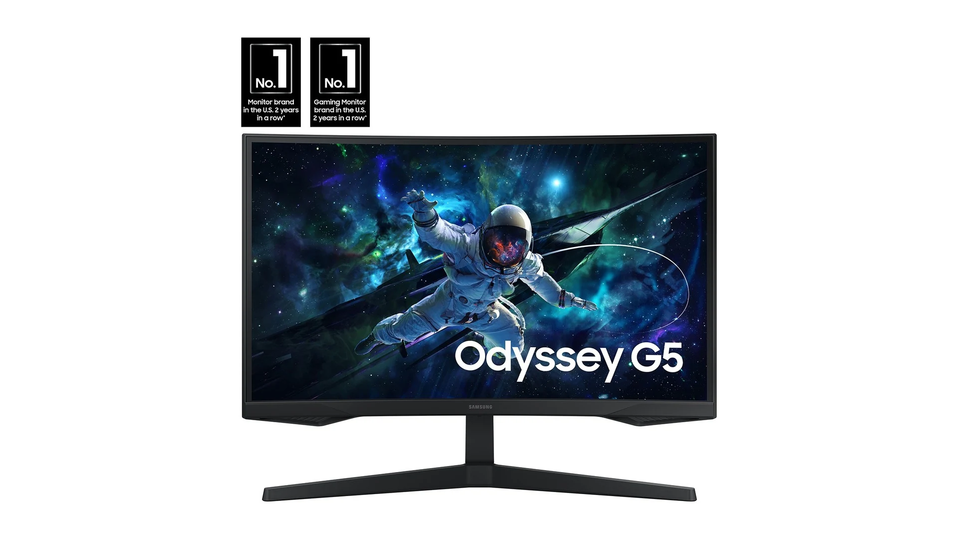 A Samsung Odyssey G5 gaming monitor with a black finish, photographed from the front.