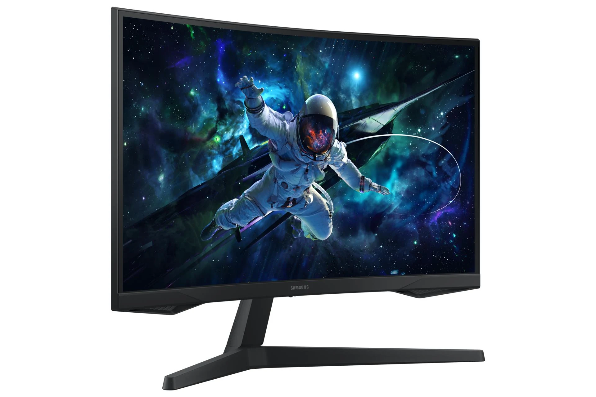 The Samsung Odyssey G55C monitor is shown in a side profile with its screen displaying a vibrant space-themed image.