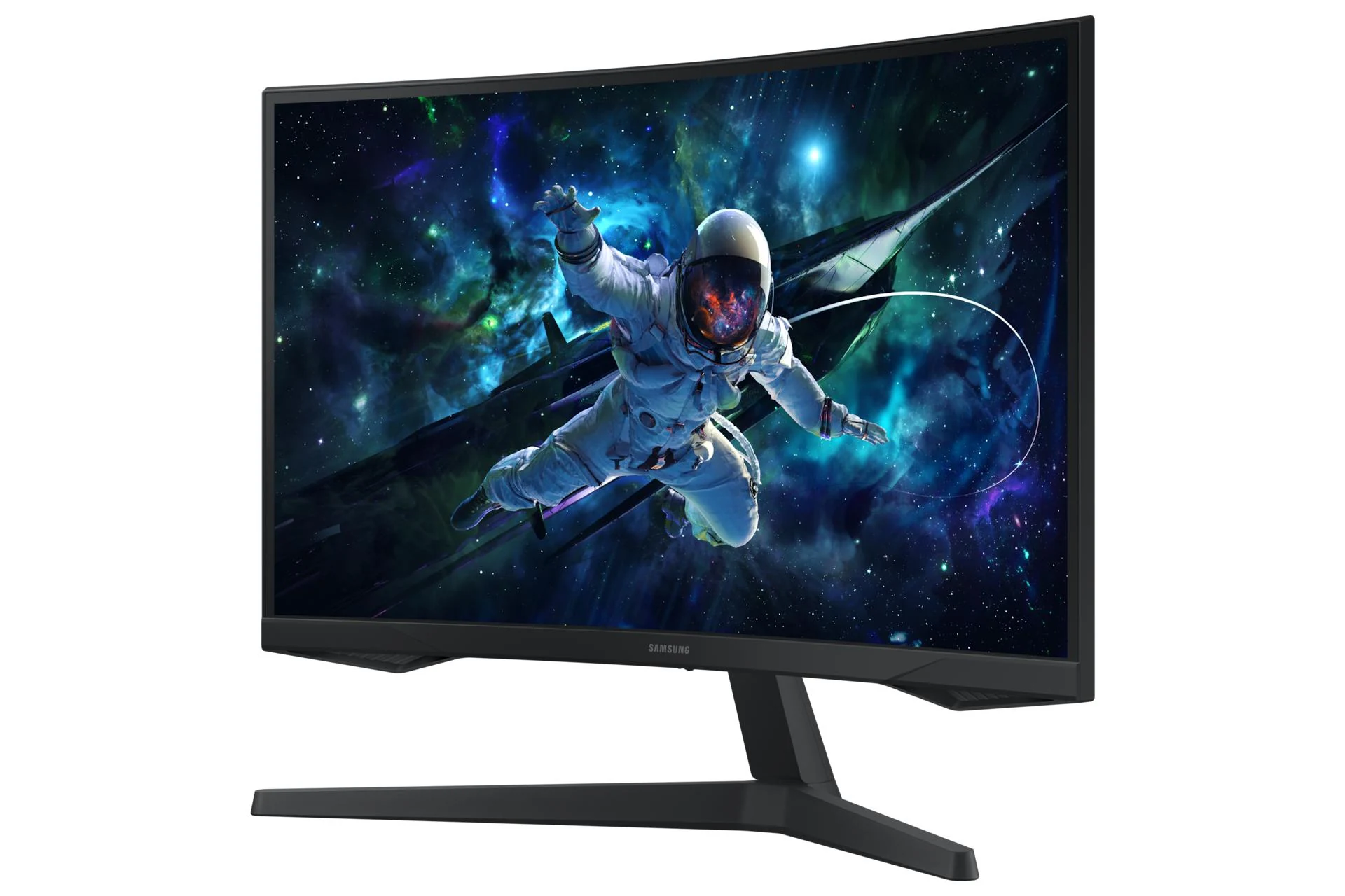 The monitor is shown from a three-quarter angle, highlighting its curved screen and black frame.