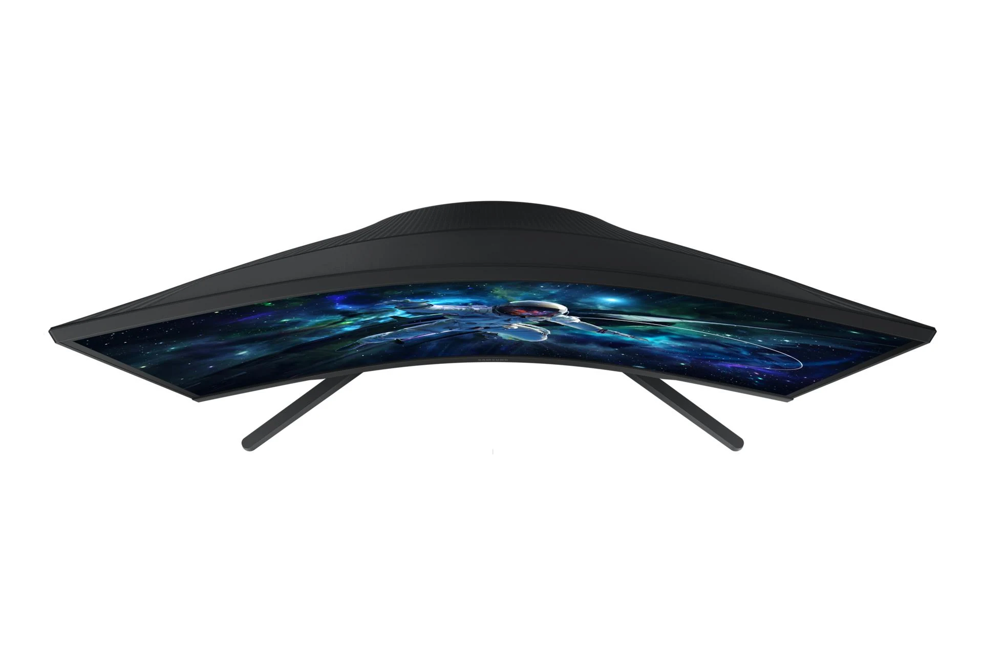 The Samsung Odyssey G55C monitor is shown from a side profile with its curved screen displaying a space-themed wallpaper.