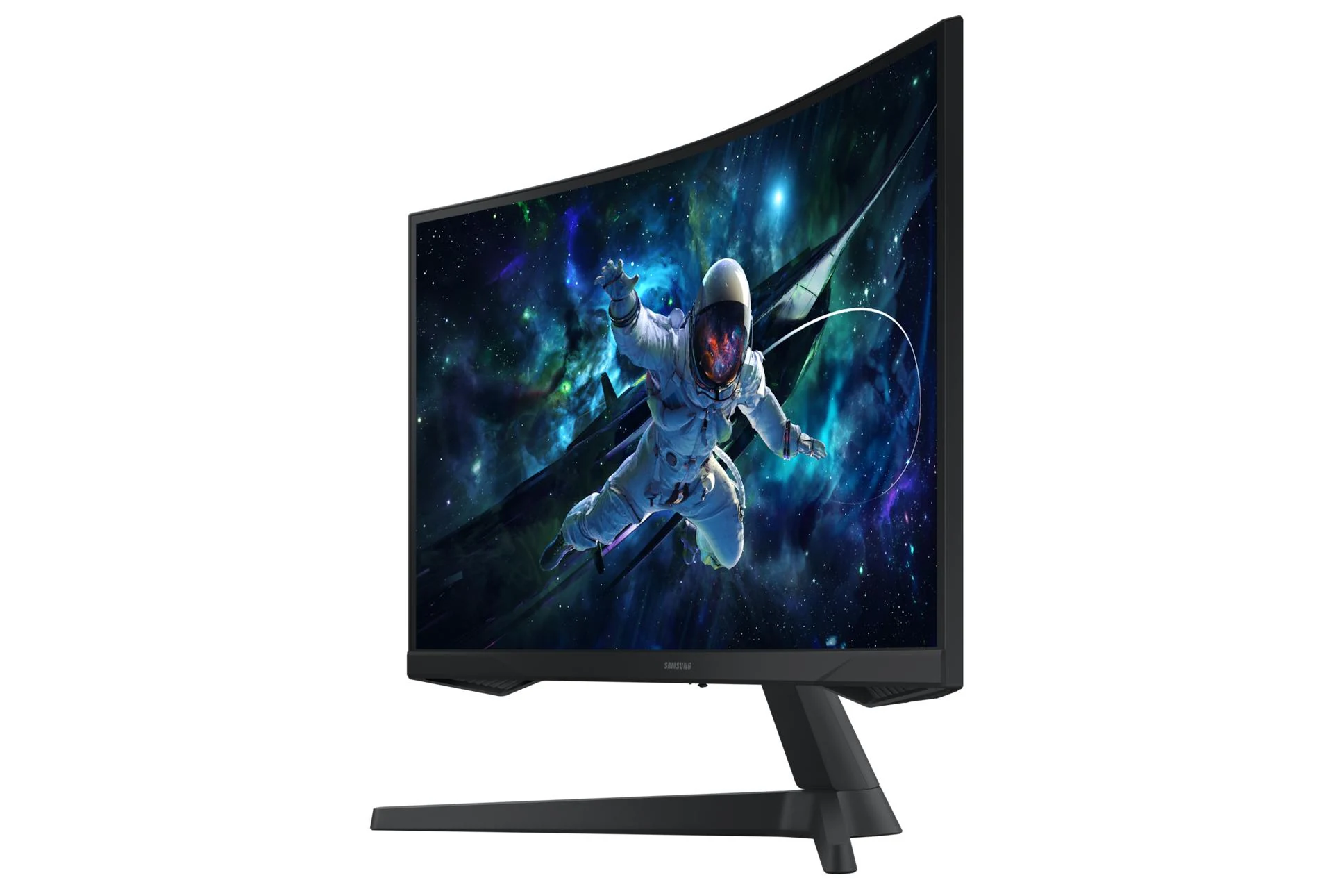 The monitor is shown from a side profile, featuring a black frame and stand with the Samsung logo visible on the bottom bezel.