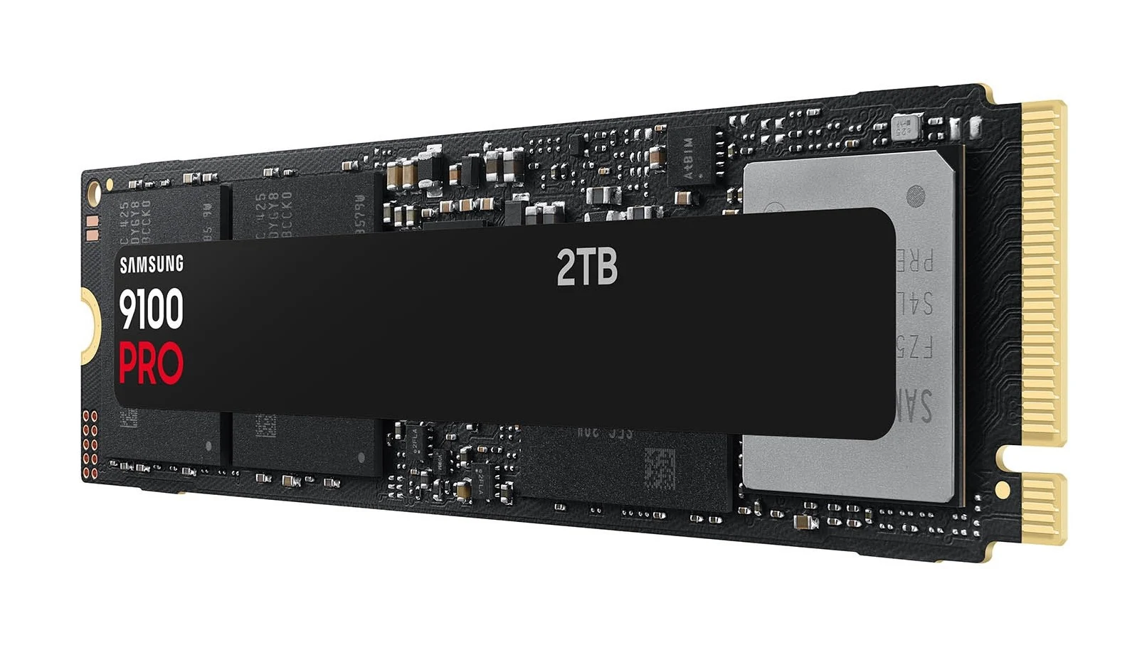 A side profile of a Samsung 9100 PRO 2TB SSD, showcasing its black and gold color scheme with visible circuitry.
