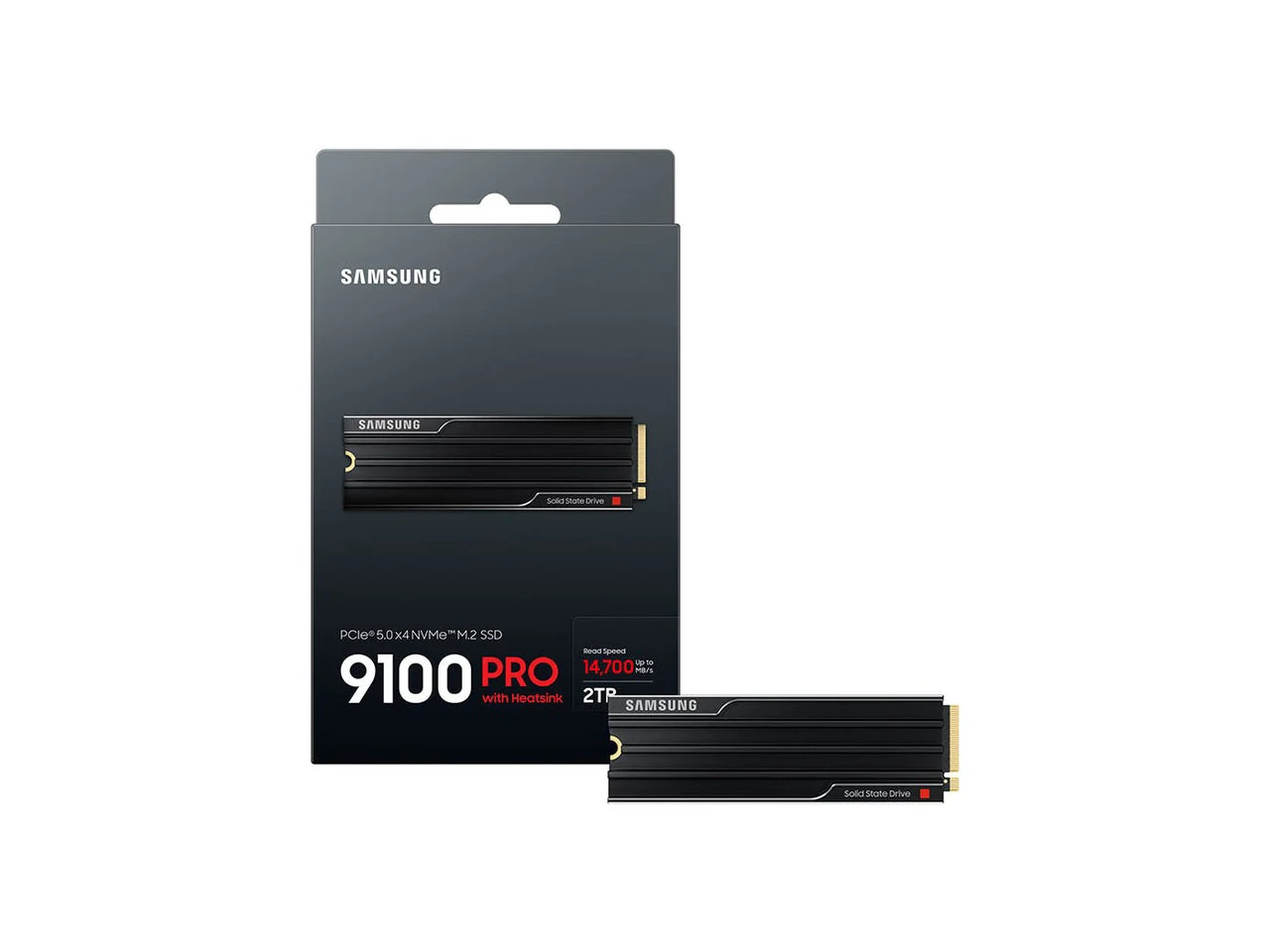 A black Samsung 9100 PRO SSD with heatsink, shown in a top-down view next to its packaging.