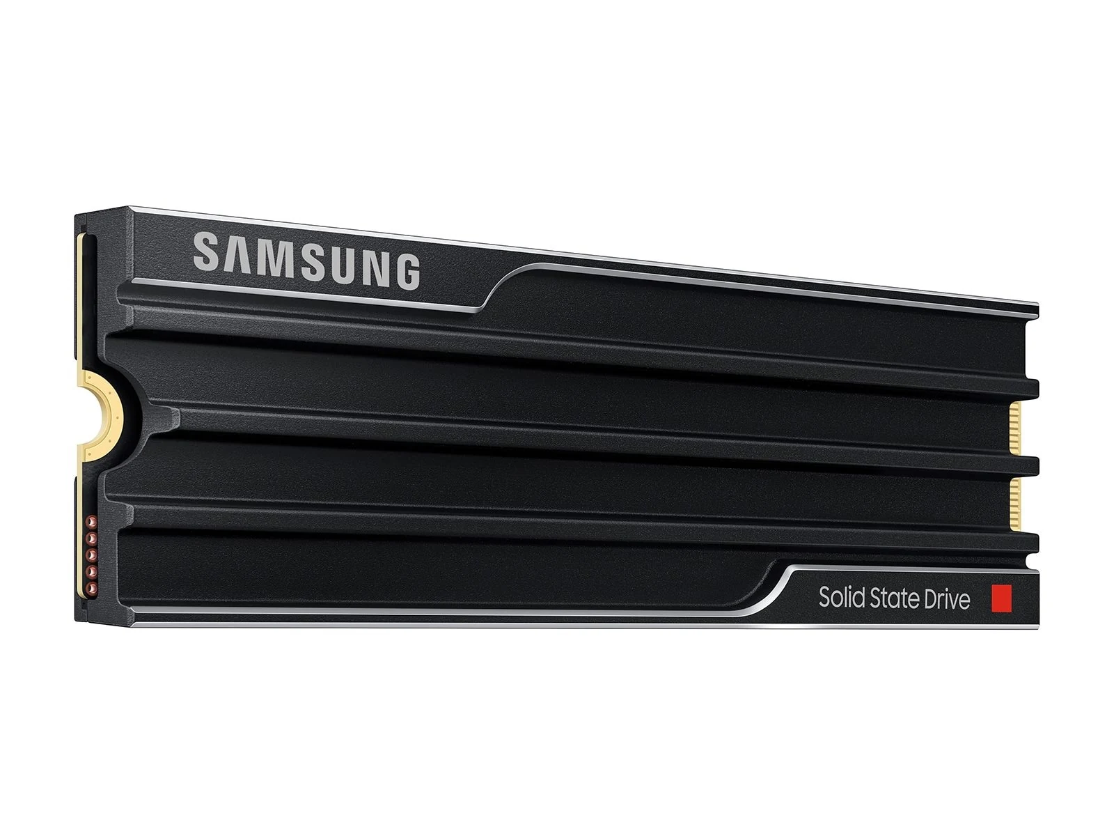 A black Samsung Solid State Drive with a metallic top and bottom edge, photographed from the front.