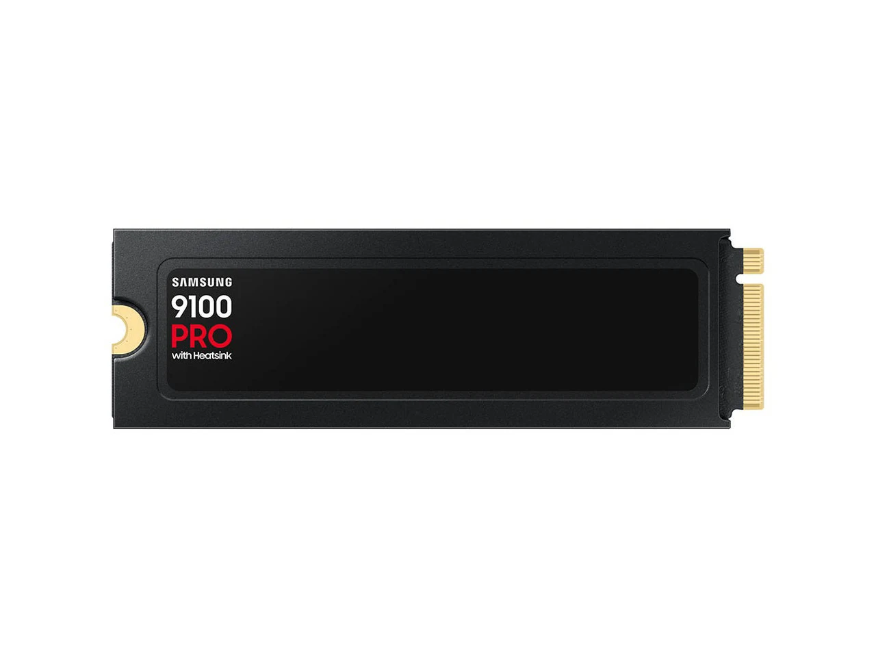 The Samsung 9100 PRO SSD is shown in a top-down view with its heatsink and connector visible.