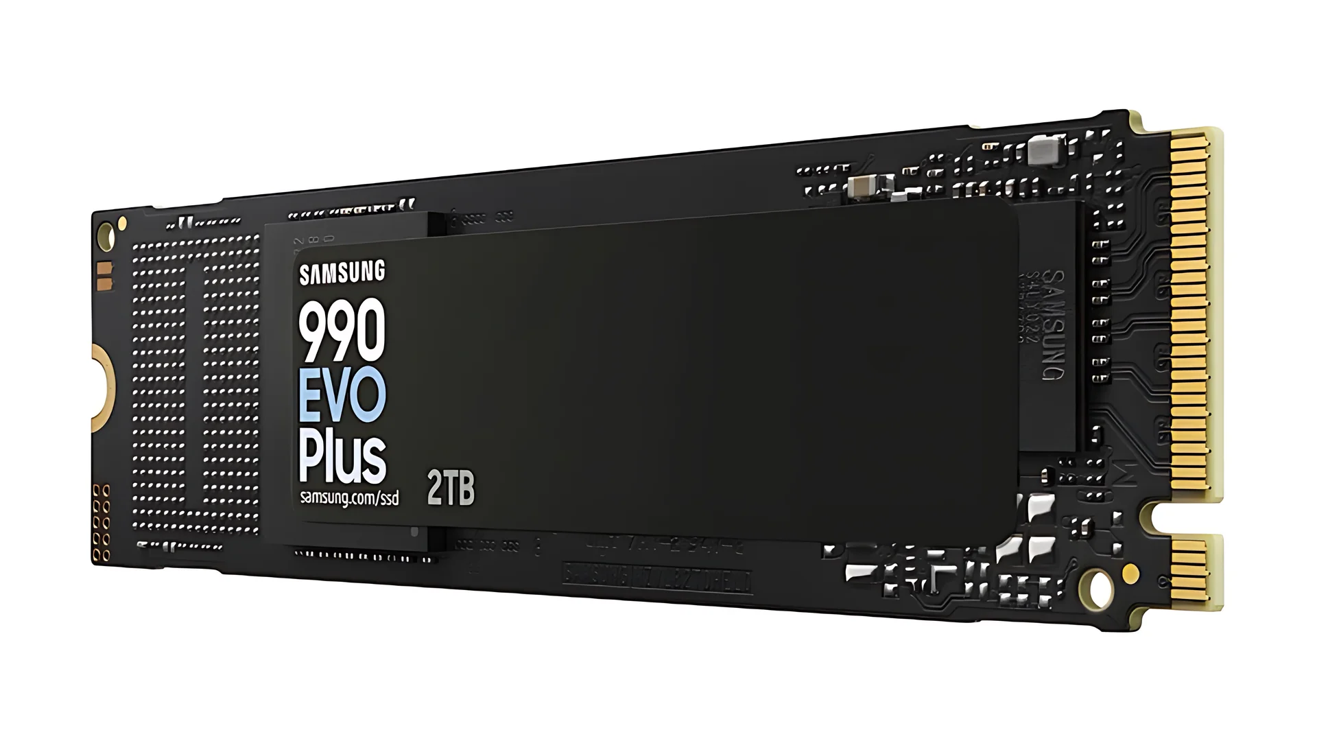 The Samsung 990 EVO Plus 2TB SSD is shown in a side profile with its label facing the viewer, highlighting the model name and capacity.