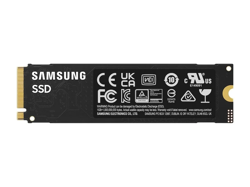 The image shows a Samsung SSD in a top-down view, highlighting its black color and the gold-colored connector on one end.