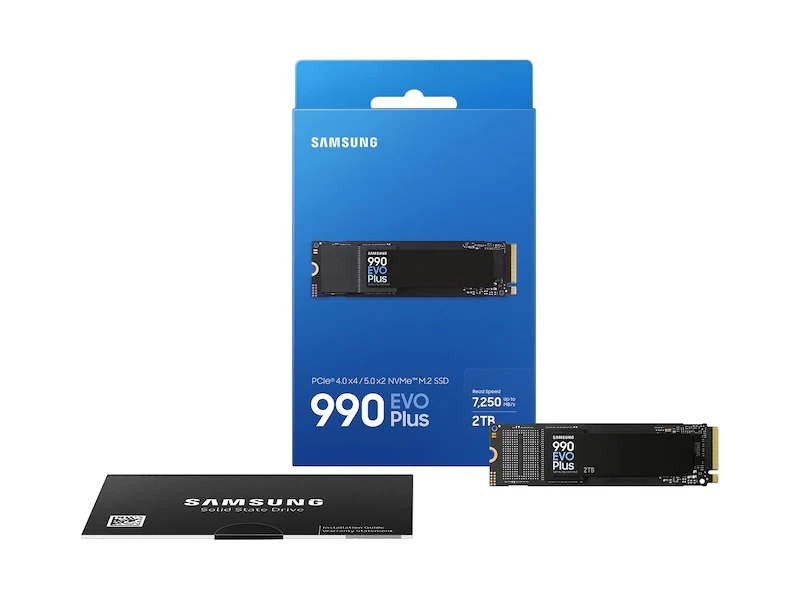 The Samsung 990 EVO Plus 2TB SSD is shown in a top-down view with its packaging and installation guide.