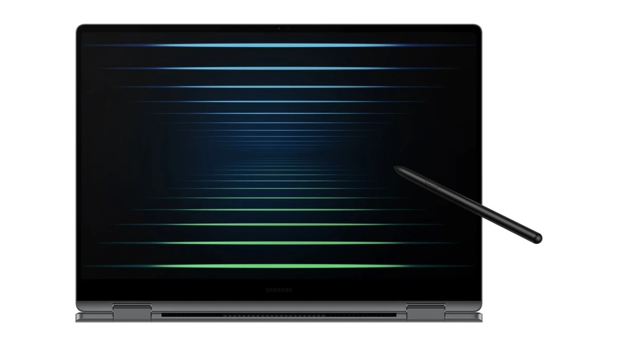 A Samsung Galaxy Book5 Pro 360 Copilot+ PC is shown in a side profile with its screen displaying a gradient of blue and green lines, accompanied by an attached stylus.