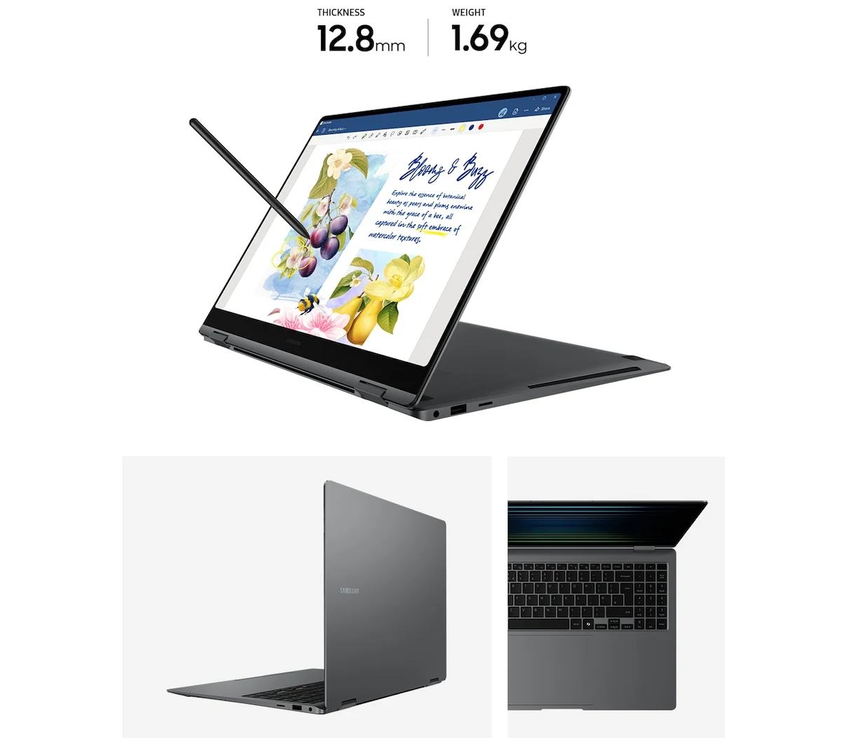 A Samsung Galaxy Book5 Pro 360 Copilot+ PC shown in a three-quarter angle with its screen displaying a colorful illustration, and the back panel visible.