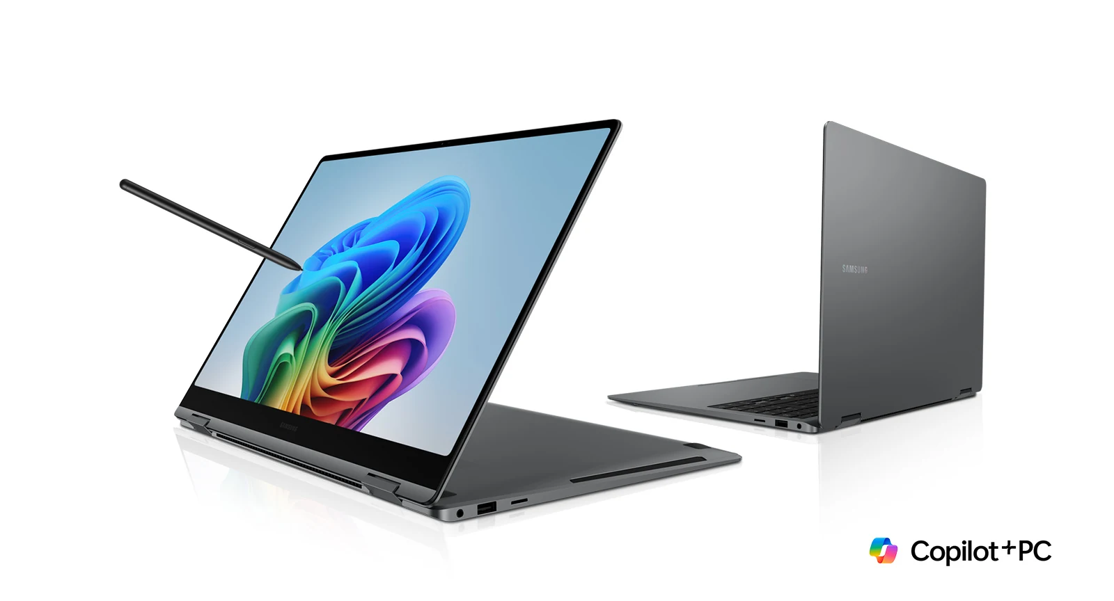 The image shows two Samsung Galaxy Book5 Pro 360 Copilot+ PCs, one in a side profile and the other from behind.