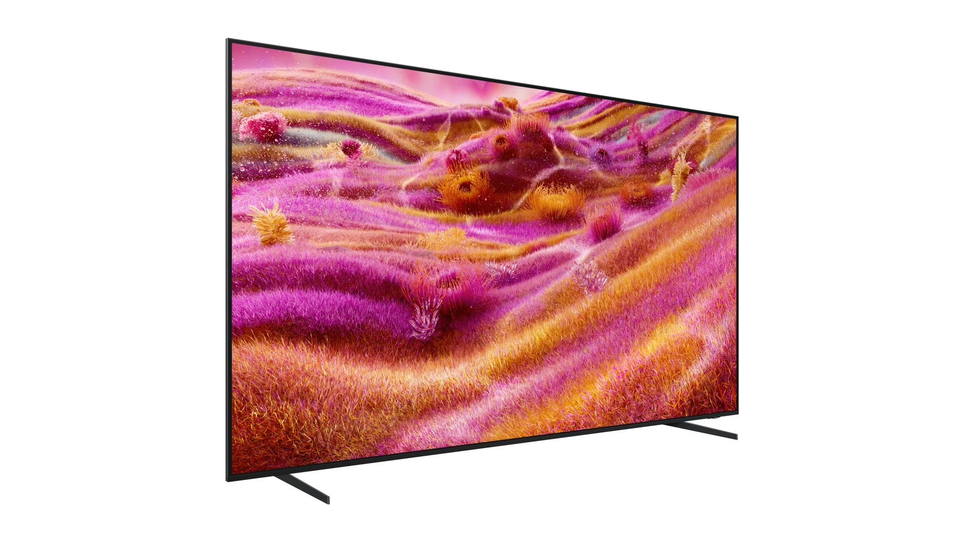 A side profile of a Samsung Neo QLED 4K QN90F TV with a colorful, abstract landscape displayed on the screen.