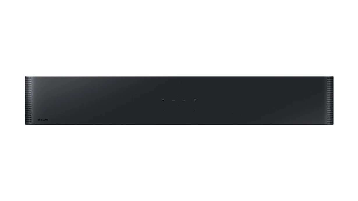 A black Samsung soundbar viewed from the front, showcasing a sleek design with control buttons.