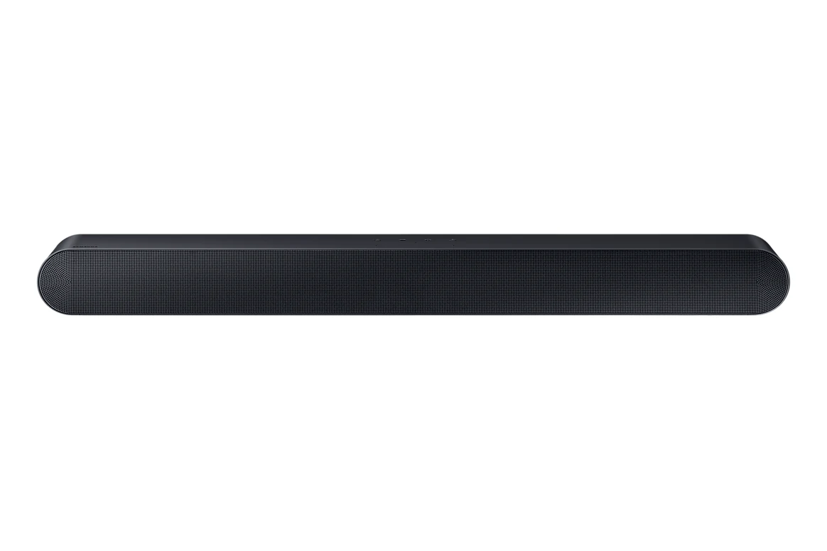 A black soundbar viewed from the side with a textured surface and rounded edges.