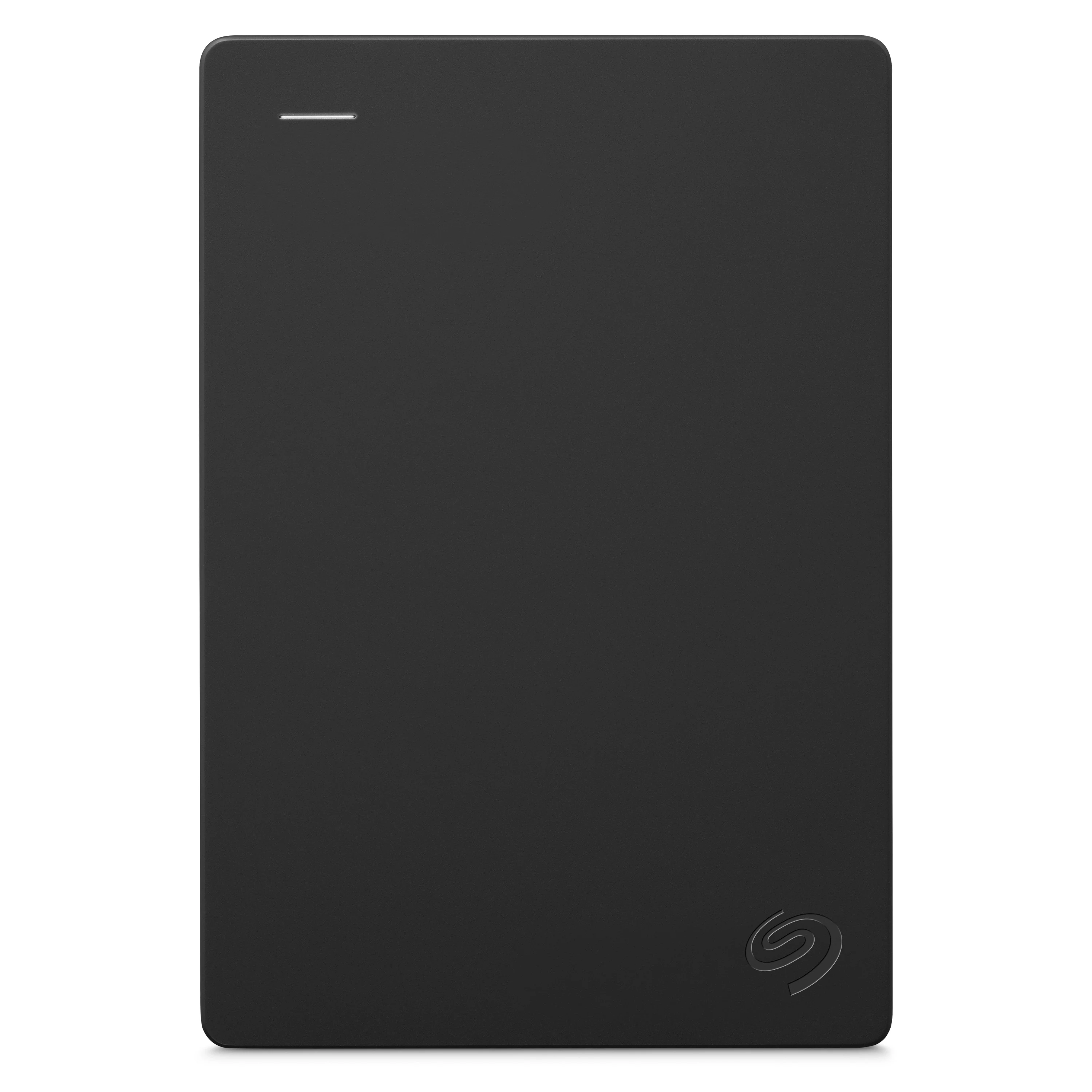 The Seagate 2TB Portable Hard Drive is shown in a top-down view with a matte black finish and the brand logo visible on the bottom.