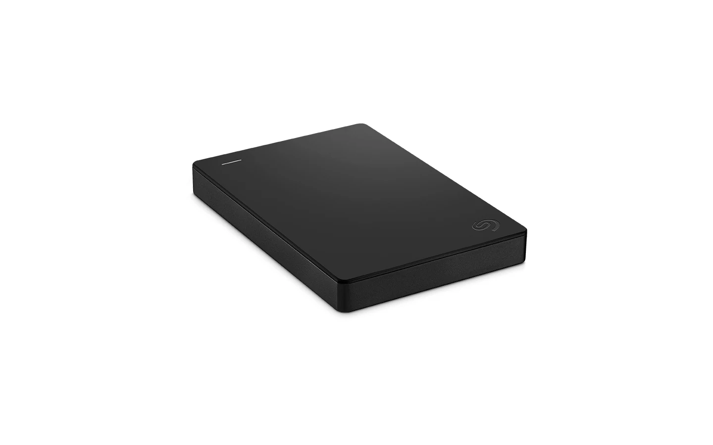 A black Seagate portable hard drive in a three-quarter side profile, showcasing its compact rectangular shape and the brand logo on the bottom right corner.