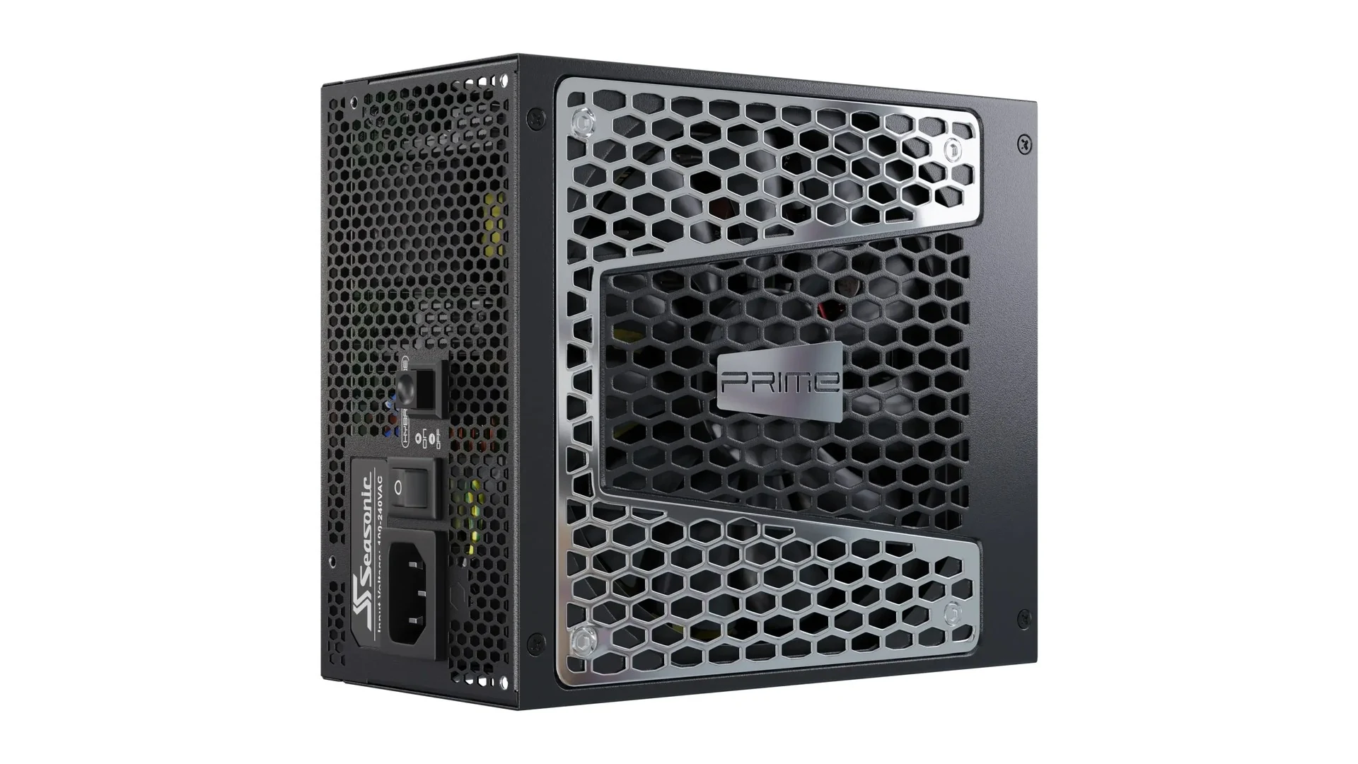 A black Seasonic Focus GX-1000 power supply with a hexagonal grille design and the 'PRIME' logo prominently displayed on its front.