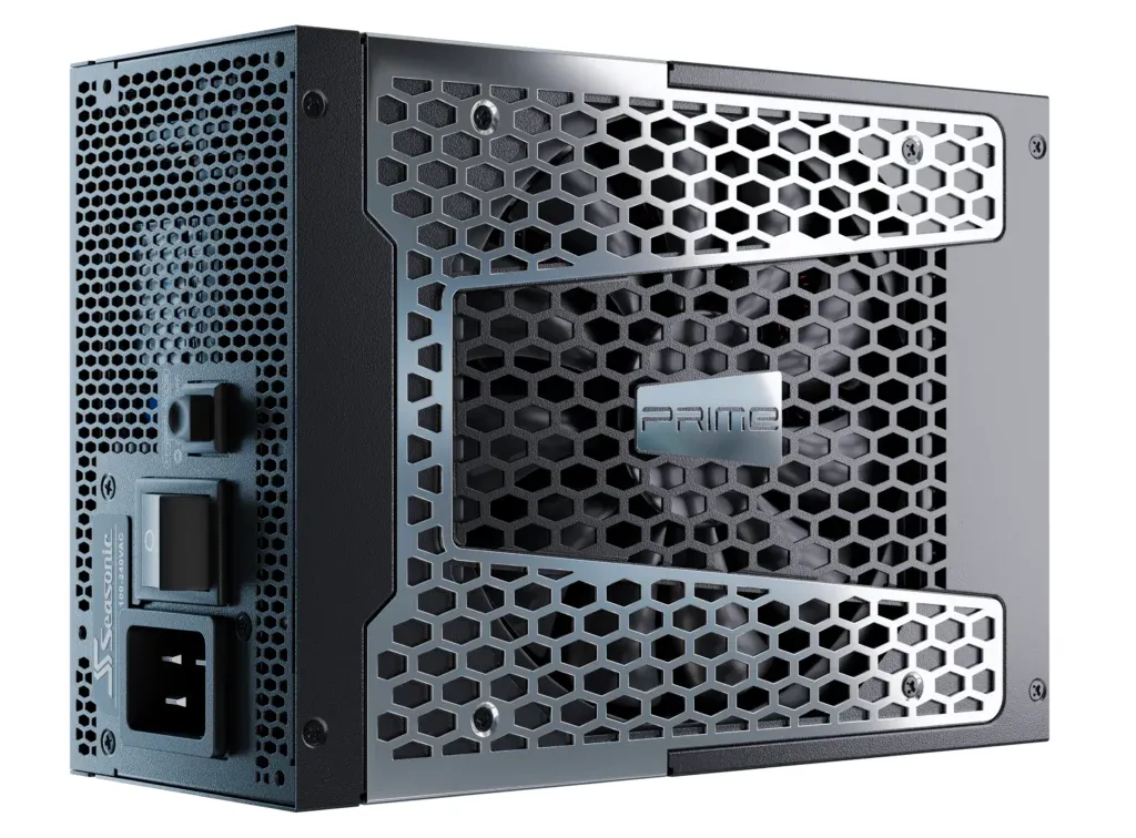 A close-up side profile of a Seasonic Focus GX-1000 power supply, showcasing its vented design and 'PRIME' branding.