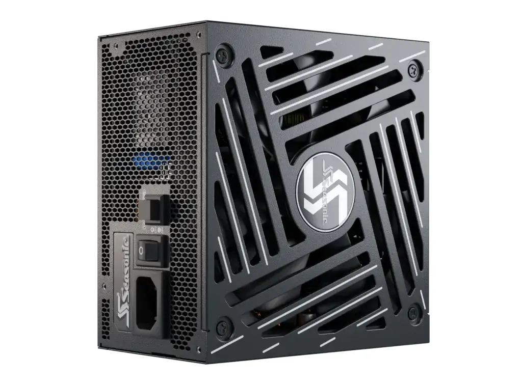 The Seasonic Focus GX-1000 power supply is shown from a three-quarter angle, highlighting its black finish and vented design.