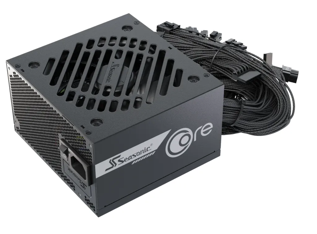 A Seasonic Focus GX-1000 power supply is shown in a side profile, highlighting its ventilation grilles and cables.