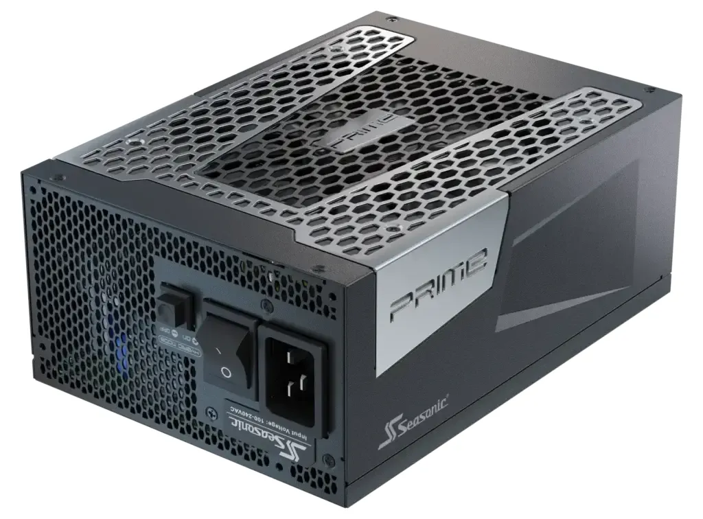 The Seasonic Focus GX-1000 power supply is shown in a three-quarter angle, highlighting its textured front panel and the 'PRIME' branding.