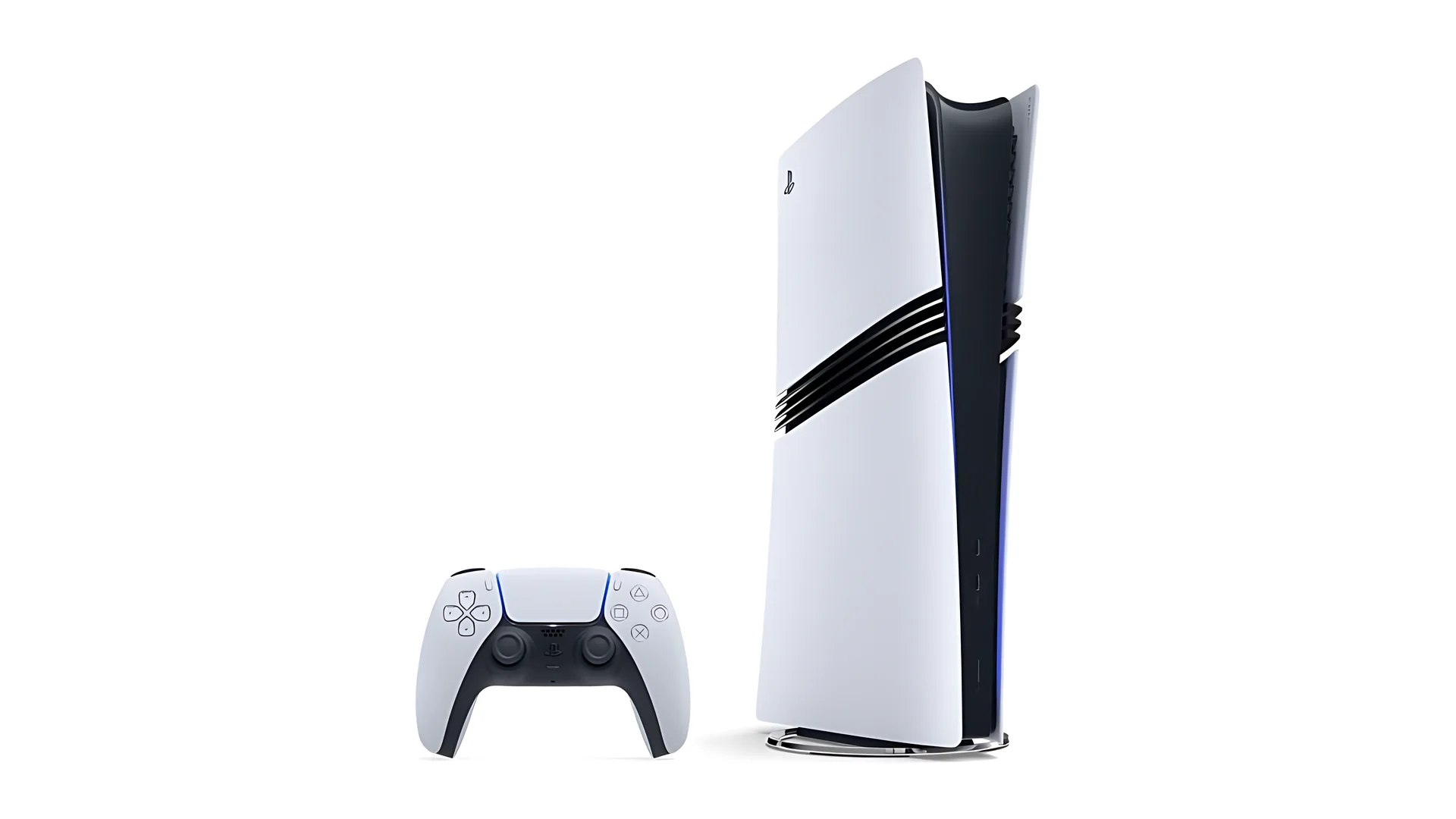 A white PlayStation 5 console with a black front and a matching controller, photographed from the side.