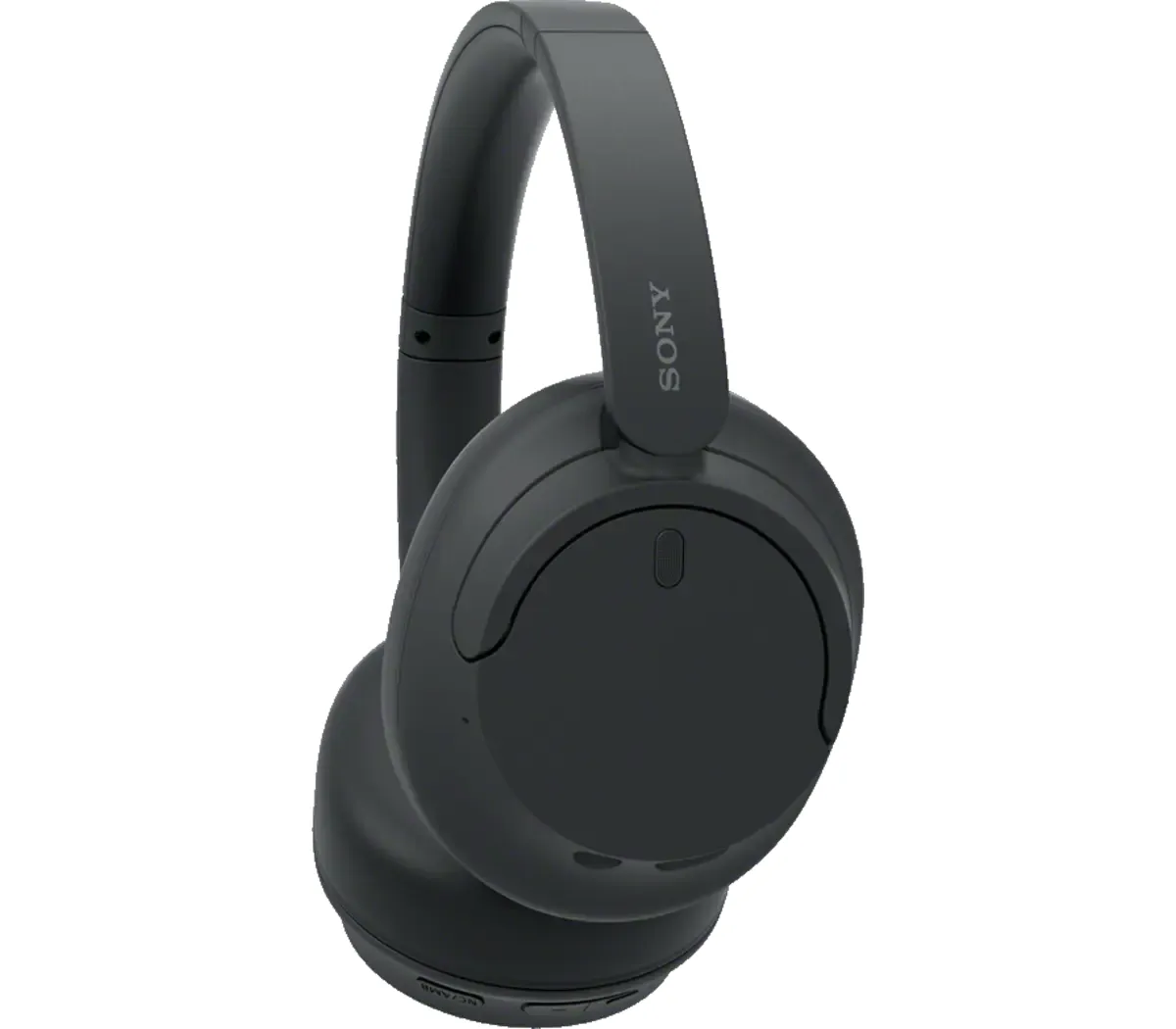 A side profile of a Sony WH-CH720N Wireless Noise Cancelling Over-Ear Headphones in dark gray, with visible ear cups and headband.