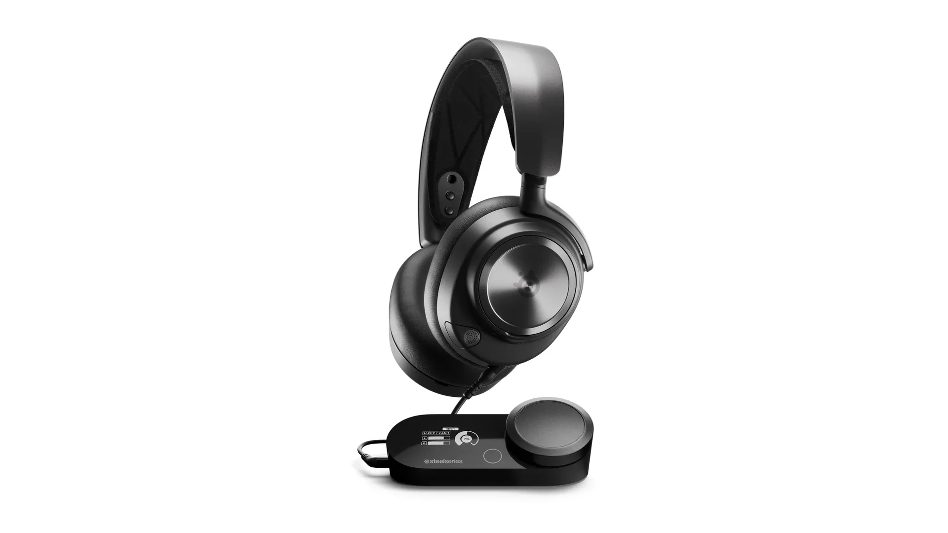 A SteelSeries Arctis Nova Pro headset with a detachable microphone and accompanying control box, photographed from the side.