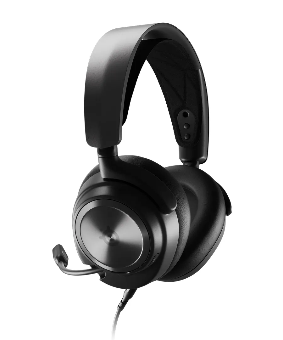 A side profile of a black SteelSeries Arctis Nova Pro headset with visible ear cups and headband.